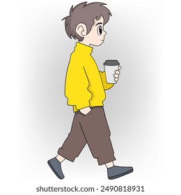 A cartoon style illustration of a person taking a coffee break walk. The character has brown hair and is wearing a bright yellow turtleneck sweater