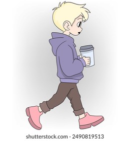 A cartoon style illustration of a person walking while holding a coffee cup. The character has blonde hair and is wearing a purple hoodie