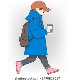 A cartoon style illustration of a person walking while carrying a coffee cup. The character is dressed in a blue coat