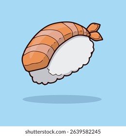 Cartoon style illustration of a piece of shrimp sushi, with a vibrant orange colored shrimp and white rice. The image is presented against a light blue backdrop.