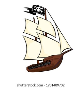 Cartoon style illustration pirate ship with pirate flag and cannons out