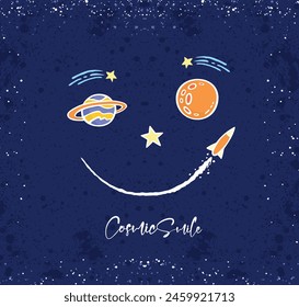 Ilustración de estilo de dibujos animados de planetas, estrellas y cohetes formando una sonrisa en el espacio.