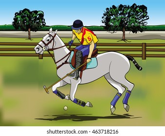 Cartoon style illustration: a player riding his horse in a Polo game