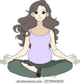 A cartoon style illustration of a pregnant woman meditating in a cross legged yoga pose with a calm expression, wearing casual clothes