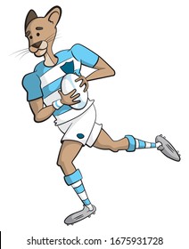 Cartoon style illustration of a puma rugby player. An Argentinian rugby player. A puma, human hybrid character running with a rugby ball.