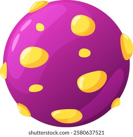 Cartoon style illustration of a purple planet with yellow craters, creating a vibrant and otherworldly scene, perfect for space themed projects