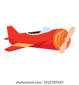 Cartoon style illustration of a red airplane with propeller spinning, soaring through the air