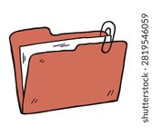 A cartoon style illustration of a red document folder containing white papers secured with a black paperclip isolated on white background