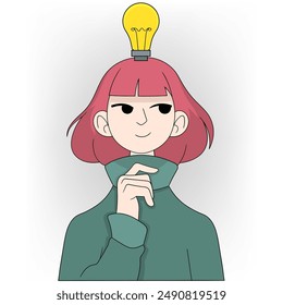 Una ilustración de estilo de dibujos animados que representa el proceso de la idea creativa. La Imagen presenta a una persona con el pelo rosado usando un suéter de cuello alto verde azulado.