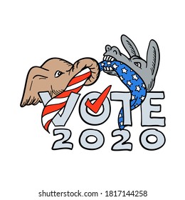 Cartoon style illustration of a Republican elephant and Democratic donkey in tug-o-war with USA stars and stripes flag with words Vote 2020 on isolated background done in full color.