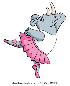 Cartoon style illustration of a rhino ballerina character doing a dance in a pink tutu.