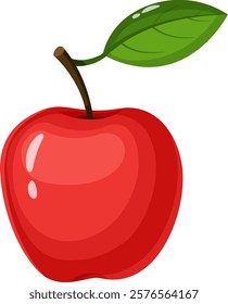 Cartoon style illustration of a ripe, shiny red apple with a single green leaf and brown stem, promoting healthy eating and representing freshness and natural goodness