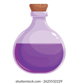 Ilustração em estilo cartoon de um frasco de vidro redondo contendo poção roxa brilhante com rolha de cortiça, isolado em branco