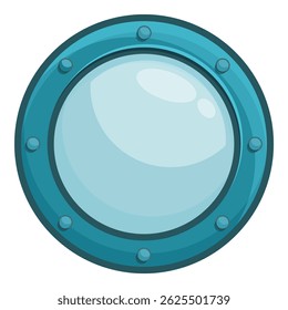Cartoon style illustration of a round porthole showing a clear blue ocean view
