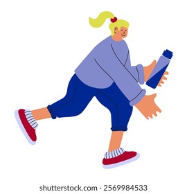 Cartoon style illustration of a running woman. Promotion of an active lifestyle, workout, training. Sports, jogging, cross-country, marathon. Flat style. Vector illustration.