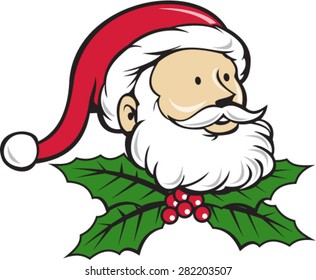 Cartoon style illustration of santa claus saint nicholas father christmas head looking to the with christmas holly set on isolated white background. 