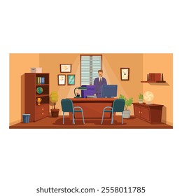 Cartoon style illustration of a school principal standing in his office