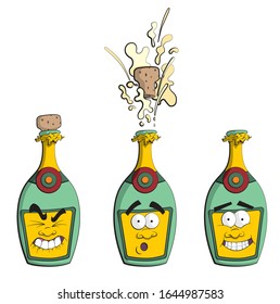Cartoon style illustration of a set of champagne bottles each in a different state of being opened. Each bottle has a different facial expression.