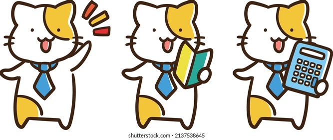 Cartoon style illustration set of cute cat with tie