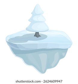 Cartoon style illustration showing a fir tree growing on a piece of flying ice