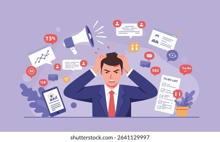 Cartoon style illustration showing a man in suit getting stressed due to too many incoming emails, messages, alerts, and data visualizations. Corporate burnout and remote work frustration concept.