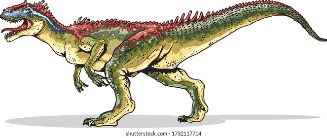 Cartoon style illustration shows Allosaurus - mesozoic reptail.