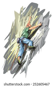 Cartoon style illustration shows sports rock climbing style.