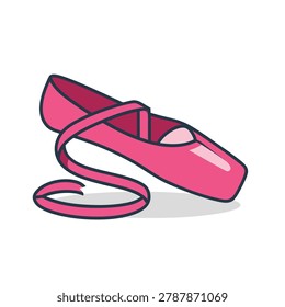 A cartoon style illustration of a single pink ballet pointe shoe featuring a long tied satin ribbon