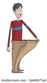 Cartoon style illustration of a skinny man standing inside pants that are many sizes too big. He is smiling and showing how much weight he has lost.