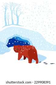 A cartoon style illustration of sleepy bear, standing in front of the den entrance and getting ready for its winter sleep (hibernation). Bear enters the den