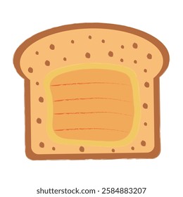 Cartoon style illustration of slice of toast with peanut butter spread. Features a warm color palette and simple details. Perfect for food and breakfast themed designs. Vector art.