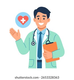 Ilustração em estilo cartoon de um médico sorridente usando um estetoscópio e segurando uma prancheta. Um ícone de coração com um símbolo de mais aparece ao lado dele. Adequado para projetos médicos e relacionados a cuidados de saúde.