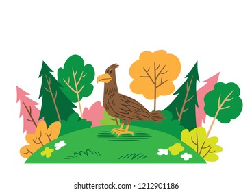 Cartoon style illustration of a smiling eagle in a forest setting.