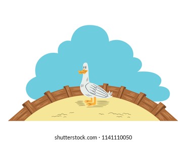 Cartoon style illustration of a smiling farm duck in a farmyard