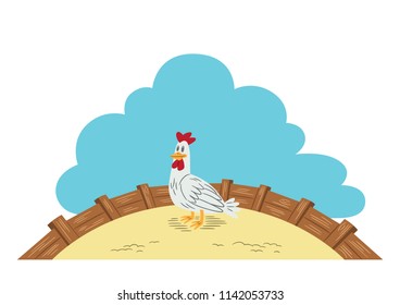 Cartoon style illustration of a smiling farm chicken in a farmyard