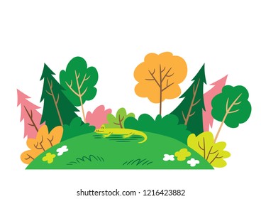 Cartoon style illustration of a smiling lizard in a forest setting.