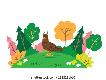 Cartoon style illustration of a smiling owl in a forest setting.