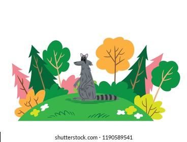 Cartoon style illustration of a smiling raccoon in a forest setting.