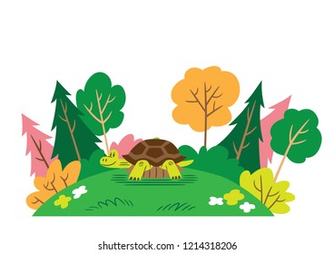 Cartoon style illustration of a smiling turtle in a forest setting.