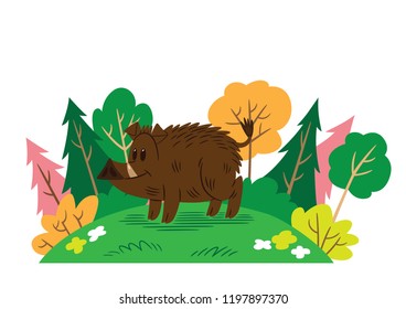 Cartoon style illustration of a smiling wild pig in a forest setting.