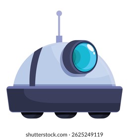 Cartoon style illustration of a space exploration robot exploring a new planet, with antenna and big eye, in ufo futuristic style