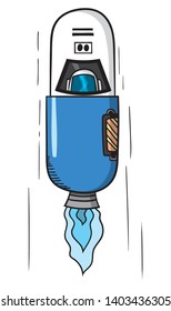 Cartoon style illustration of a spaceship in the shape of a medical capsule - a space capsule. 