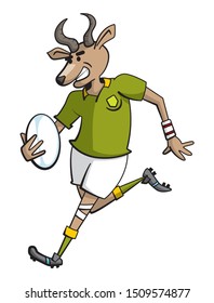 Cartoon style illustration of a springbok rugby player character running with a rugby ball in one hand while smiling.