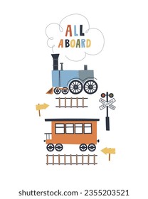 A cartoon style illustration of a steam locomotive and a wagon with an inscription “All Aboard”. Hand drawn lettering. Concept for children posters, t-shirts, stickers, greeting cards.