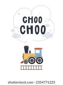 A cartoon style illustration of a steam train with clouds and an inscription “Choo choo”. Hand drawn lettering. Concept for children posters, t-shirts, stickers, greeting cards.