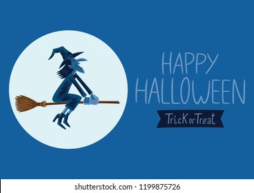 Cartoon style illustration, suitable for Halloween, of a witch flying on a broom, with a text that says "Happy Halloween. Trick or treat"