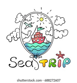 Cartoon style illustration. Summer sea tours concept. Hand-drawn vector drawing