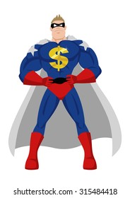 Cartoon style illustration of a superhero with golden dollar symbol