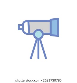 Cartoon style illustration of a telescope on a tripod, isolated on a White Background. The style is flat and graphic.