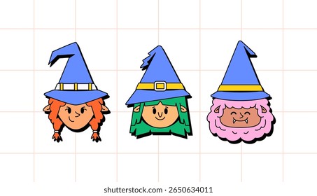 Cartoon style illustration of three smiling witch characters with colorful hair and pointy blue hats. Perfect for Halloween designs, kids' crafts, greeting cards, and magical character collections.